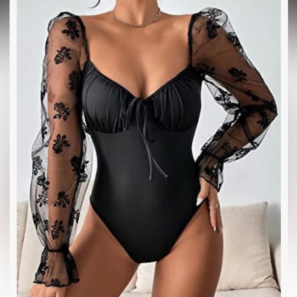 Black Sheer Sleeve Floral Bodysuit
